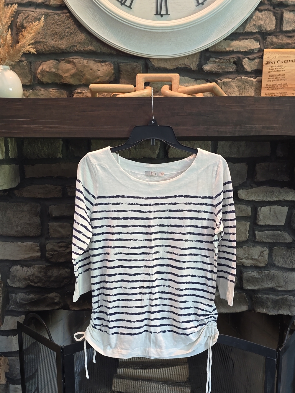 Dalia White Top with Navy Stripes - Drawstring Hem